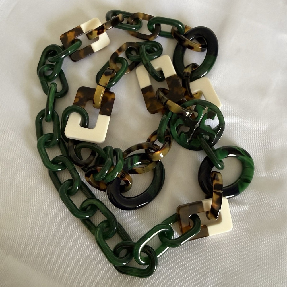 TORY BURCH Resin Necklace In Malachite/ Tory Navy Green Circles Rectangles EUC